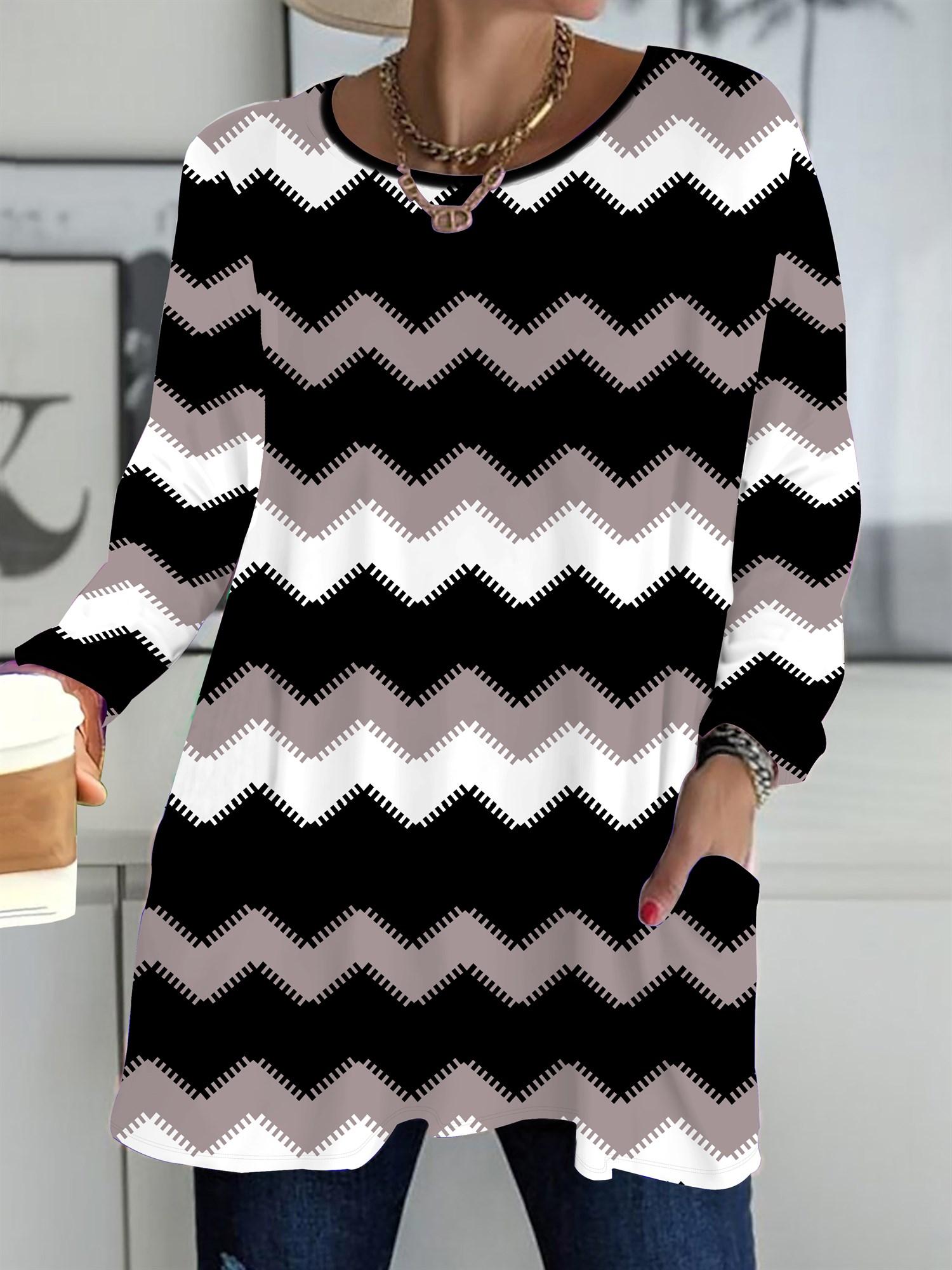 

Осень-Зима 2025 Новые Женские Топы Большого Размера, Модные Футболки с Круглым Вырезом и Длинным Рукавом в Полоску и с 3D-принтом 1XL чёрный