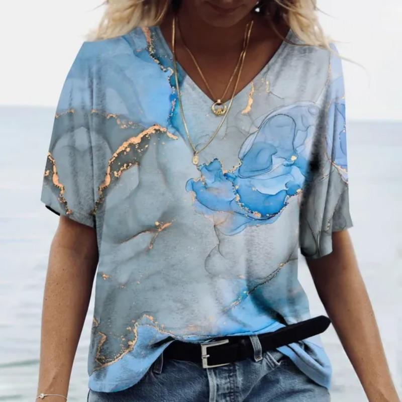 

2024 Женская футболка с V-образным вырезом 3D Красочные Модные Y2K Street Женские свободные спортивные футболки большого размера Женские футболки Топы 3XL