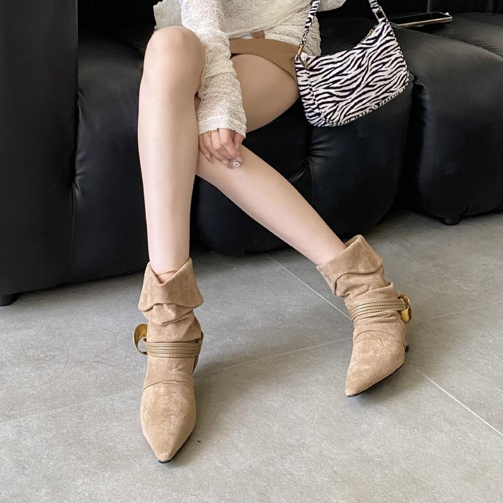 2025 autumn and winter new square head thin heel high heel temperament French fashion women's short boots suede metal decorative medium boots