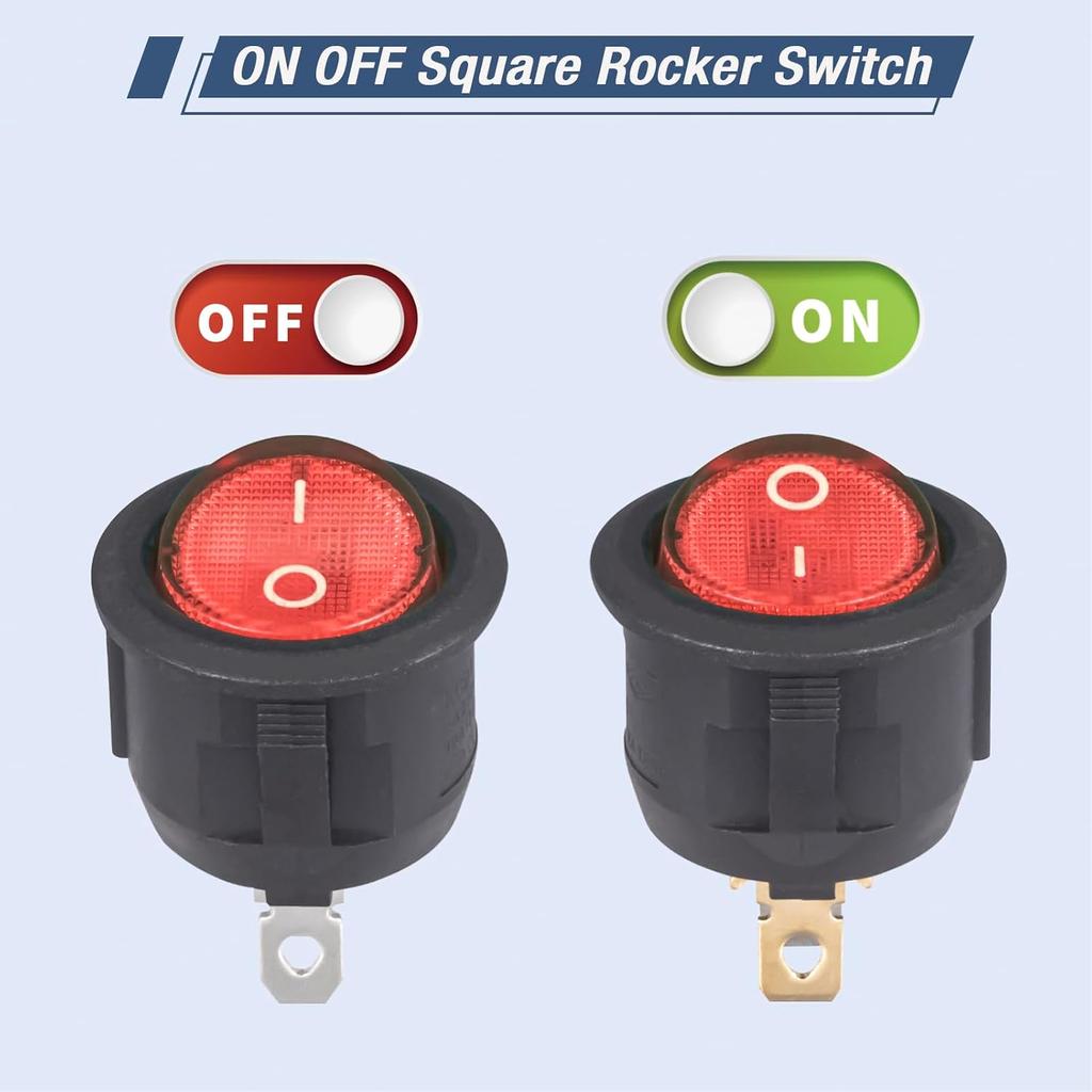 VEXUNGA Round Rocker Switch Red Light Illuminated On Off 3 Pin 2 Position Mini Rocker Switch 125V 10A 250V 6A KCD1 Small Circle Toggle Switches for