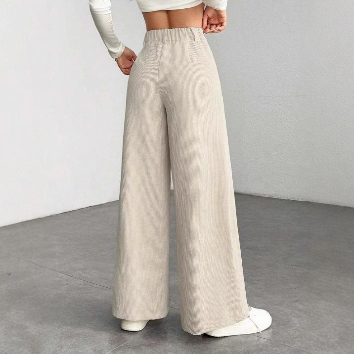 Women High Waist Corduroy Wide Leg Pants Solid Color Loose Fit Casual Long Trousers For Autumn