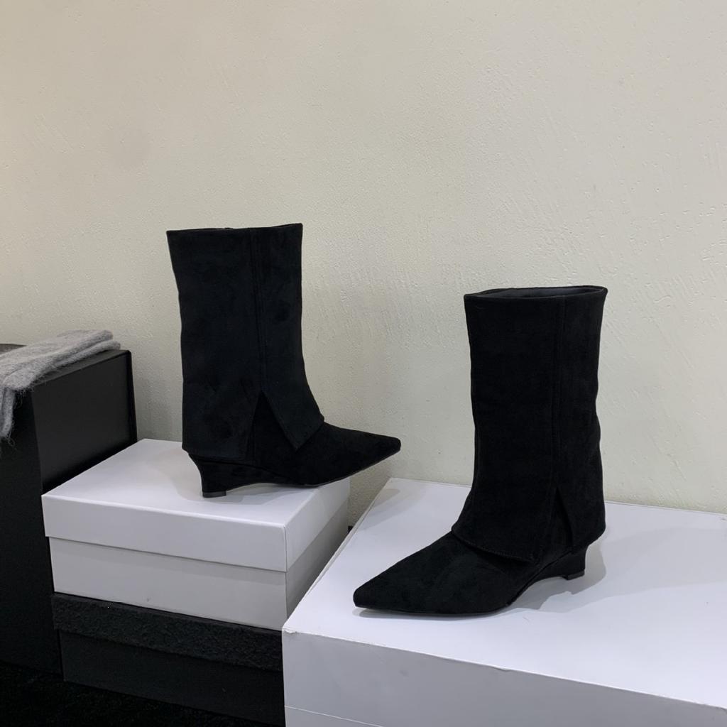 Wedge heel French retro pointed western cowboy boots women's boots autumn new mid-tube pants tube boots
