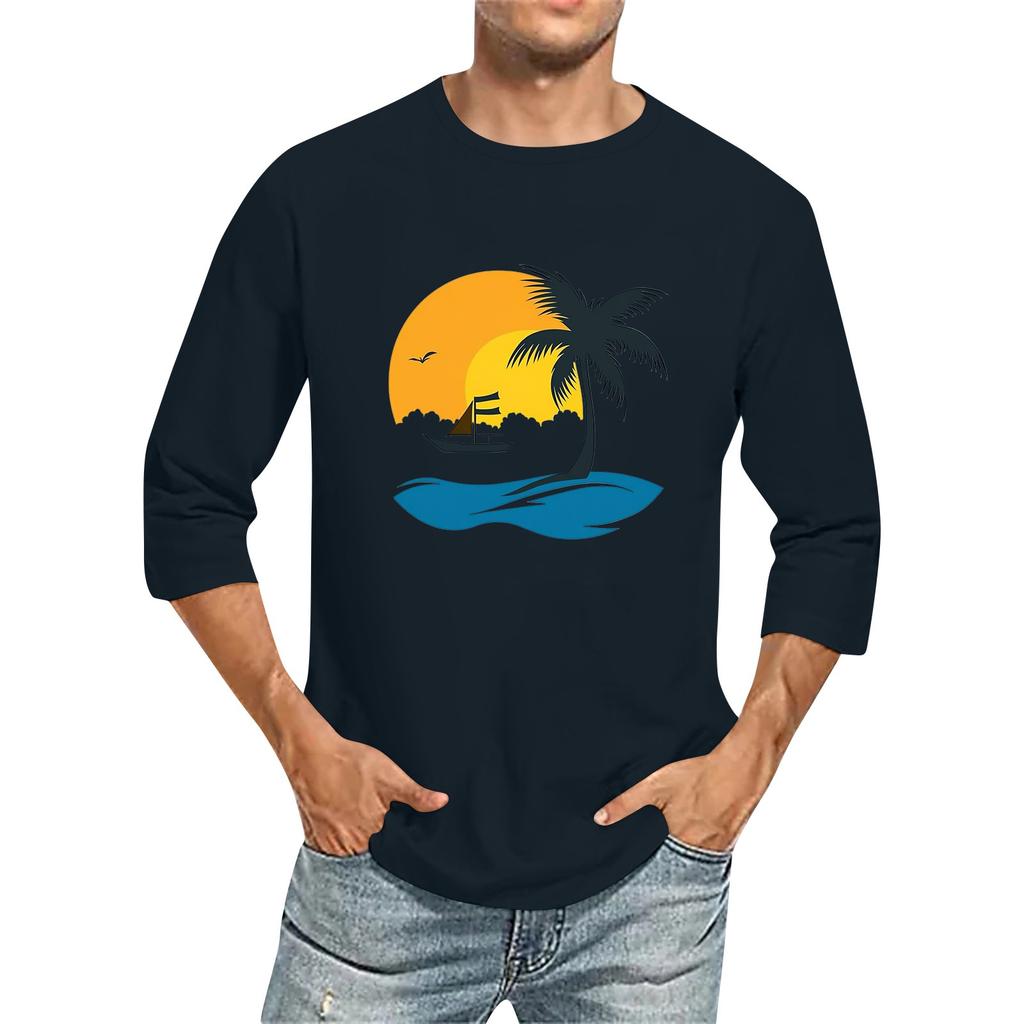 Jednobarevné pánské tričko s kulatým výstřihem a tříčtvrtečním rukávem