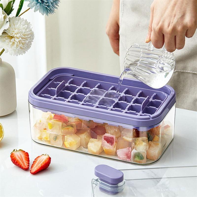 1 pz. Tipo di pressione a un pulsante Scatola per stampi per ghiaccio 32/64 Griglie Stampo per cubetti di ghiaccio in plastica Stampo per vassoio per ghiaccio con scatola di immagazzinaggio con strumento per bar da cucina per bevande fresche