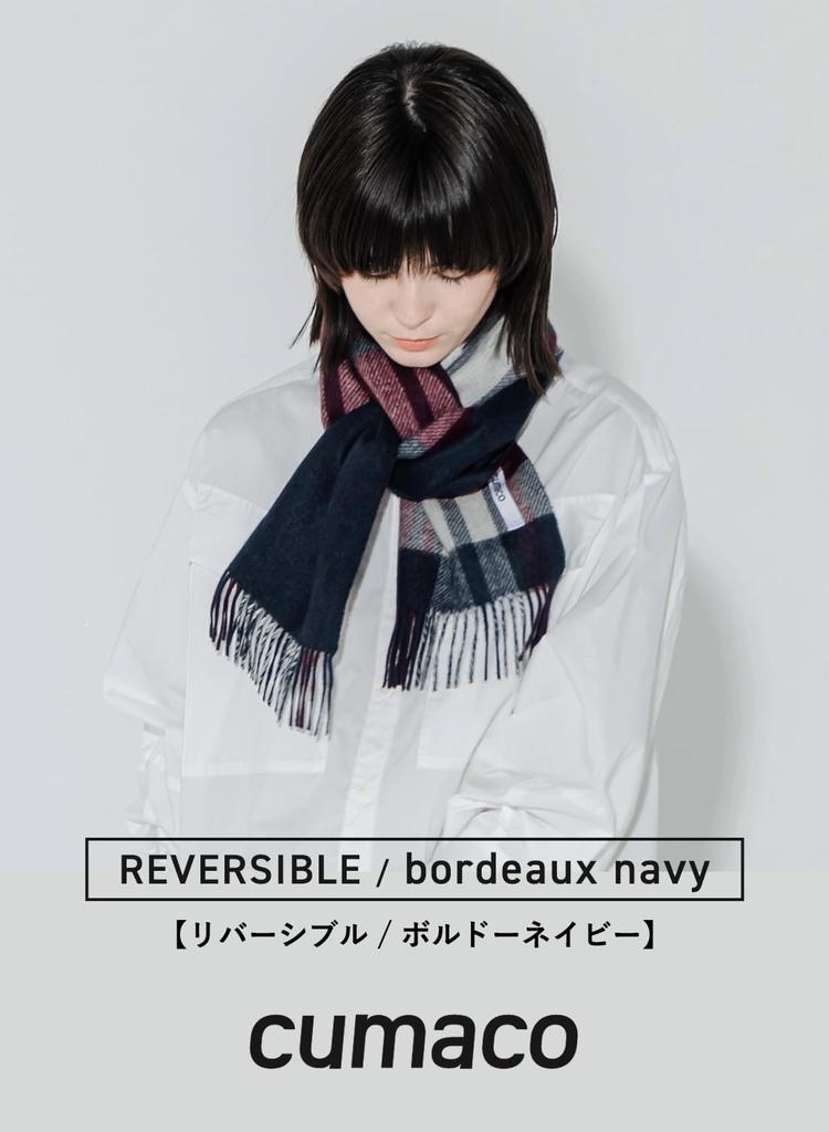 Bordeaux Navy Cashmere Mini Check Brand [cumaco] 11. 100% Scarf, Pattern, Reversible, Unisex, Small, Compact, Name, Gift, Russet/Navy, C-C0011B-5095