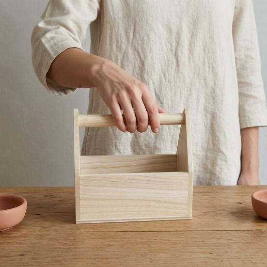 Scatola portaoggetti con manico, grande capacità, design aperto e portatile, texture legno, organizer durevole, per scrivania e souvenir