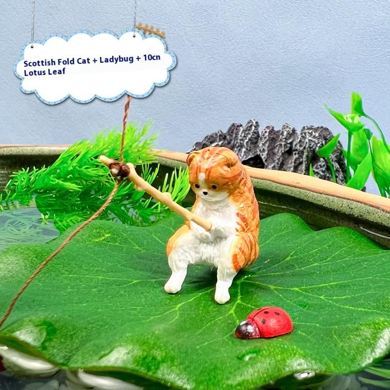 

3Pcs Fishing Cat Ladybug Lotus Leaf Set Ornaments Aquarium Decoration Cartoon Cat Statue Mini Resin Figurine Home Decor A2