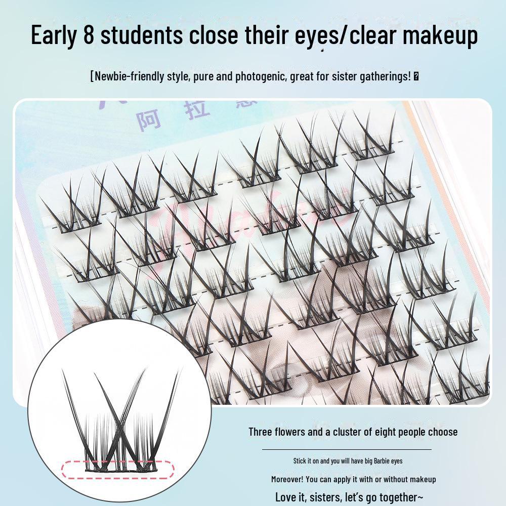 Lazy Eyelashes: Small Flower Curl, Double V, Thick, Natural-Look, Black Thin Stem False Eyelashes.