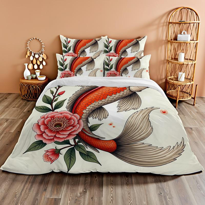 3D Digital Printing Bedding Two Or Three-Piece Set Koi Rich Flower Polyester Quilt Cover