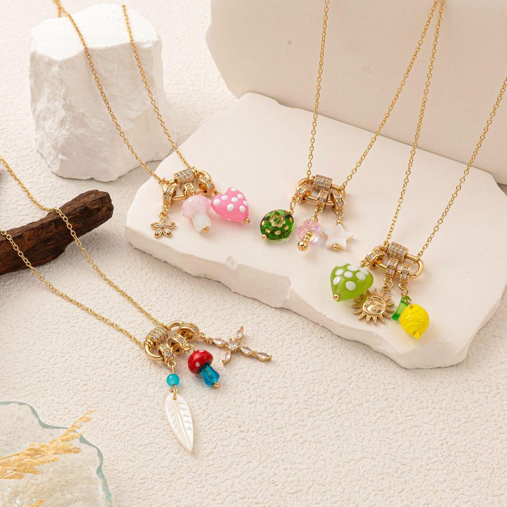 18K Gold Plated Multi-Pendant Necklace with Cross, Mushroom, Heart, Star, Pearl & Starfish on Titanium Steel