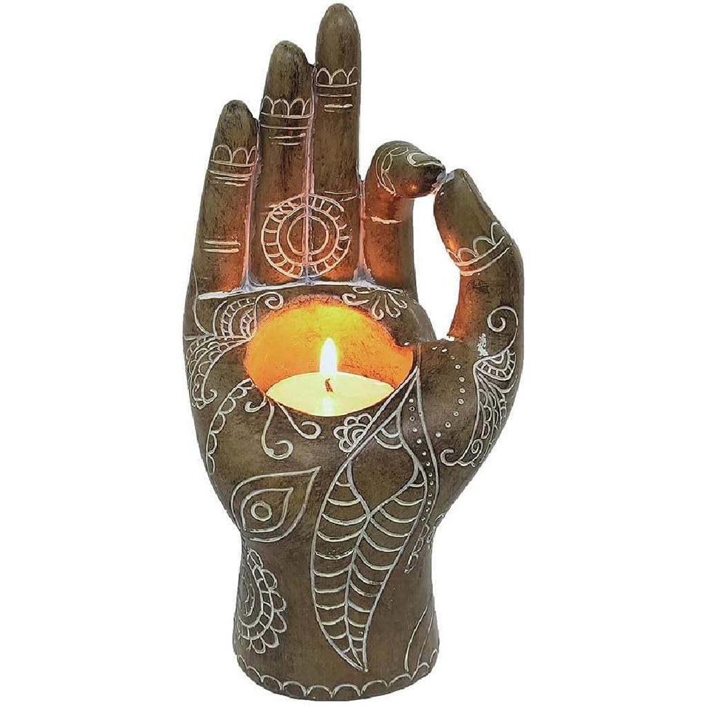 Hztyyier Buddha Yoga Candle Holder Carved Gesture Candlestick Hand Tabletop Tealight Desktop Candle Decor