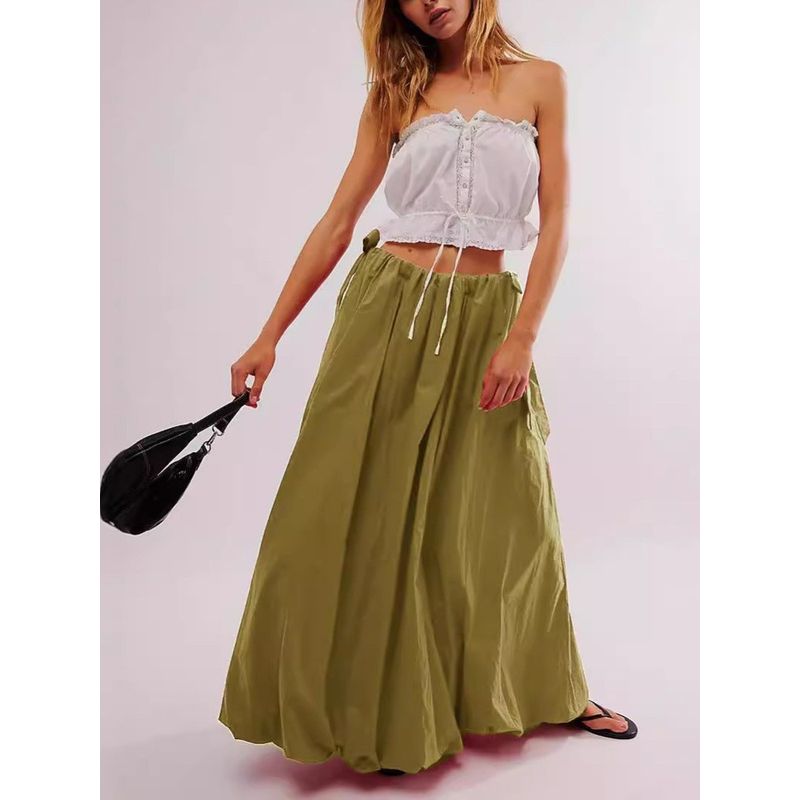 

Holiday Style Elegant Flower Bud Half-Length Long dress Women clothes New Solid Lace-up Bow Casual Umbrella Skirt Skirt Skirt Green XL