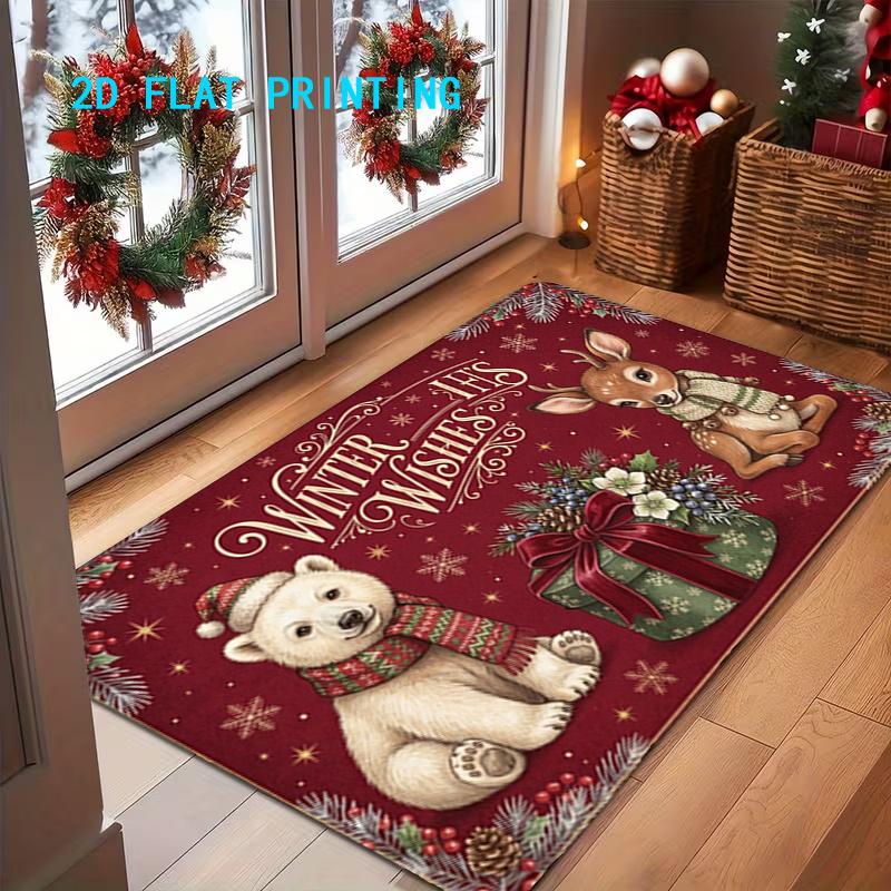 1pc, 2D Flat Printing, Winter Christmas Style Polar Bear and Fawn Doormat, Colorful Non-Slip Machine Washable Mat, Suitable for Home Decor, Entrance,