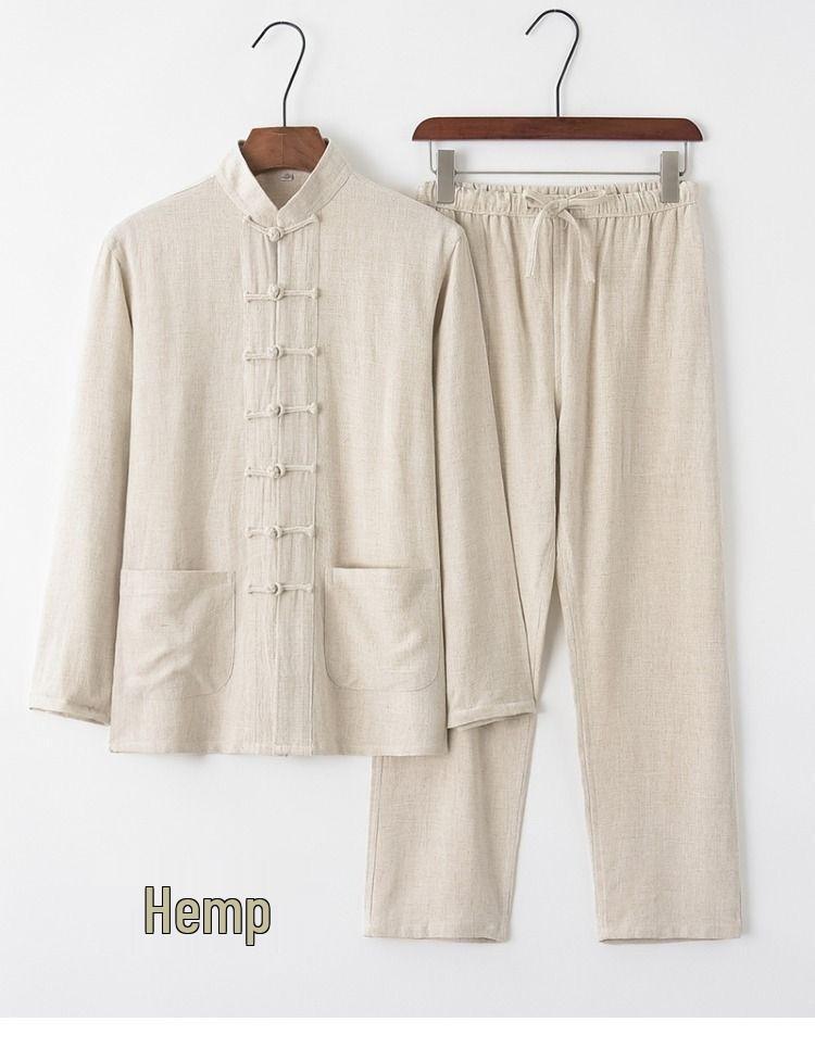 Men's Retro Chinese Style Tang Suit - Cotton and Linen Long-Sleeved Zen Top for Tai Chi.