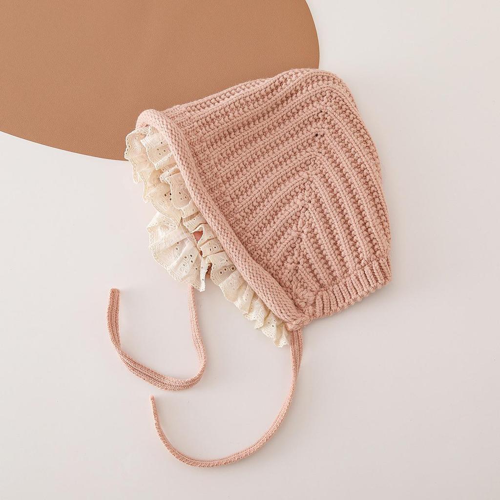 Koreański Styl Zimowa Czapka Wełniana z Koronką dla Malucha - Grubo Dziana, Wiązana, Ochrona Uszu