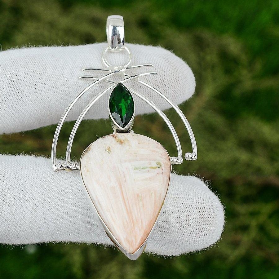 

925 Silver Crown Chakra Scolecite Gemstone Chrome Diopside Bezel Wife Pendant