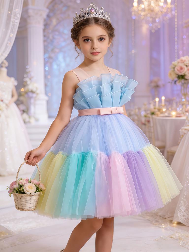 Girls Colorful Patchwork Princess Dress Sleeveless Color Block Bow Tie Dress Runway Piano Performance Party Dress