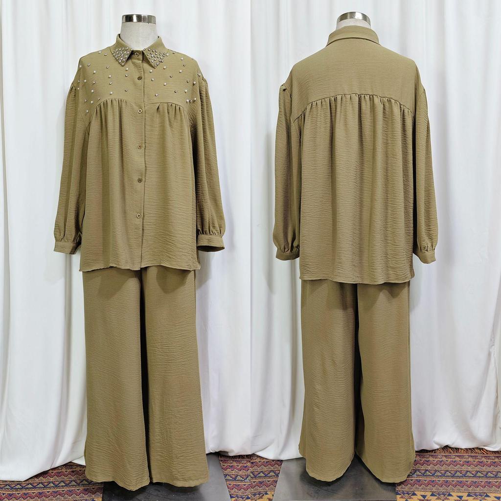 New Arrival: Beaded Long Sleeve Top & Wide Leg Pants Set - Muslim Women's Fashionable Casual Wear