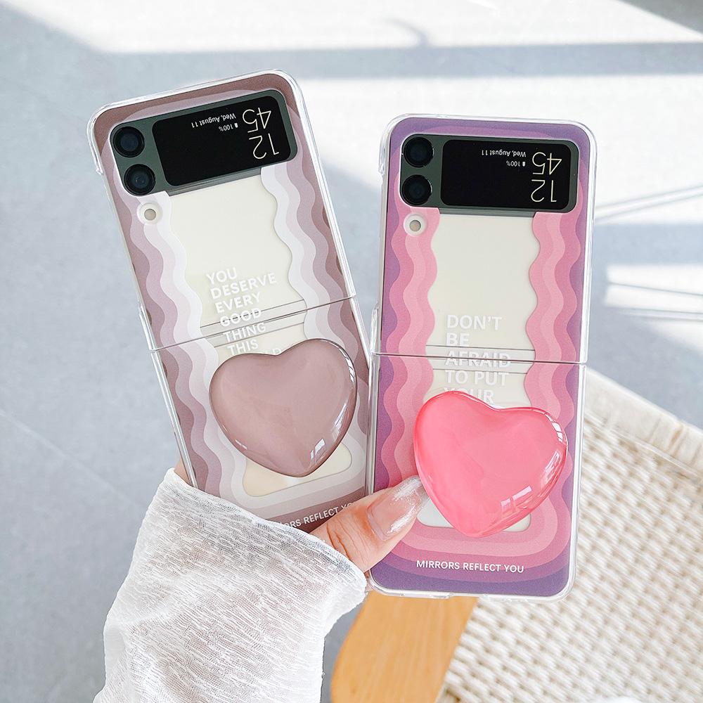 For Samsung Galaxy Z Flip 4 3 Case Gradient Waves Painted Transparent Shockproof Folding Hard Back Cover With Love Stand Holder