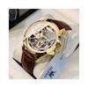 OLEVS Men's Mechanical Automatic Skeleton Watch Brown White Leather Strap Waterproof Fashion Timepiece
