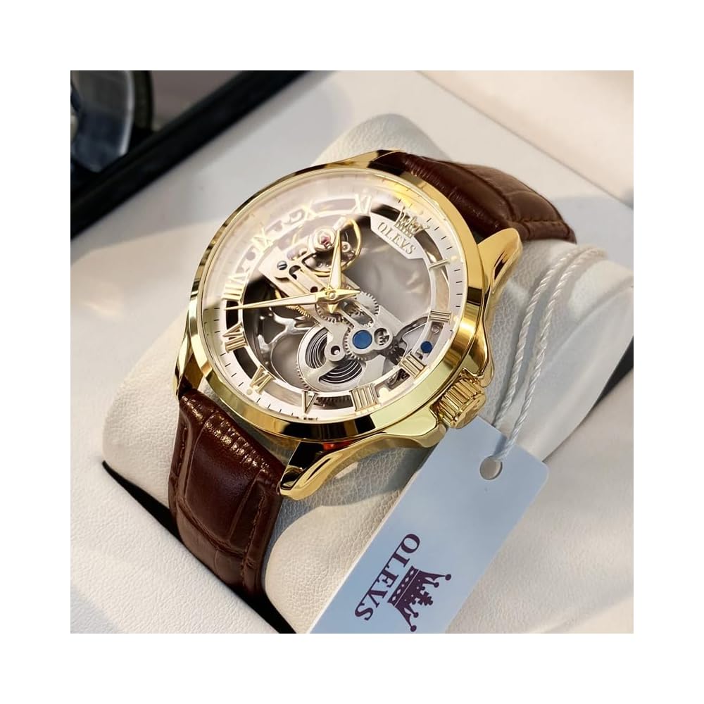 OLEVS Men's Mechanical Automatic Skeleton Watch Brown White Leather Strap Waterproof Fashion Timepiece