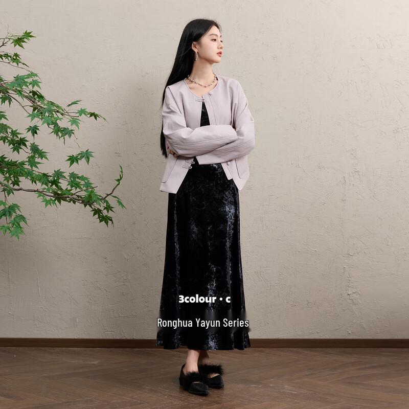 Sancai Printed Velvet High-Waist A-Line Long Skirt S