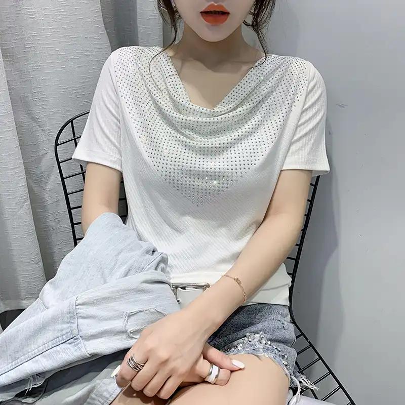 Women s White Textured Cowl Neck Rhinestone Embellished Short Sleeve T-shirt S
