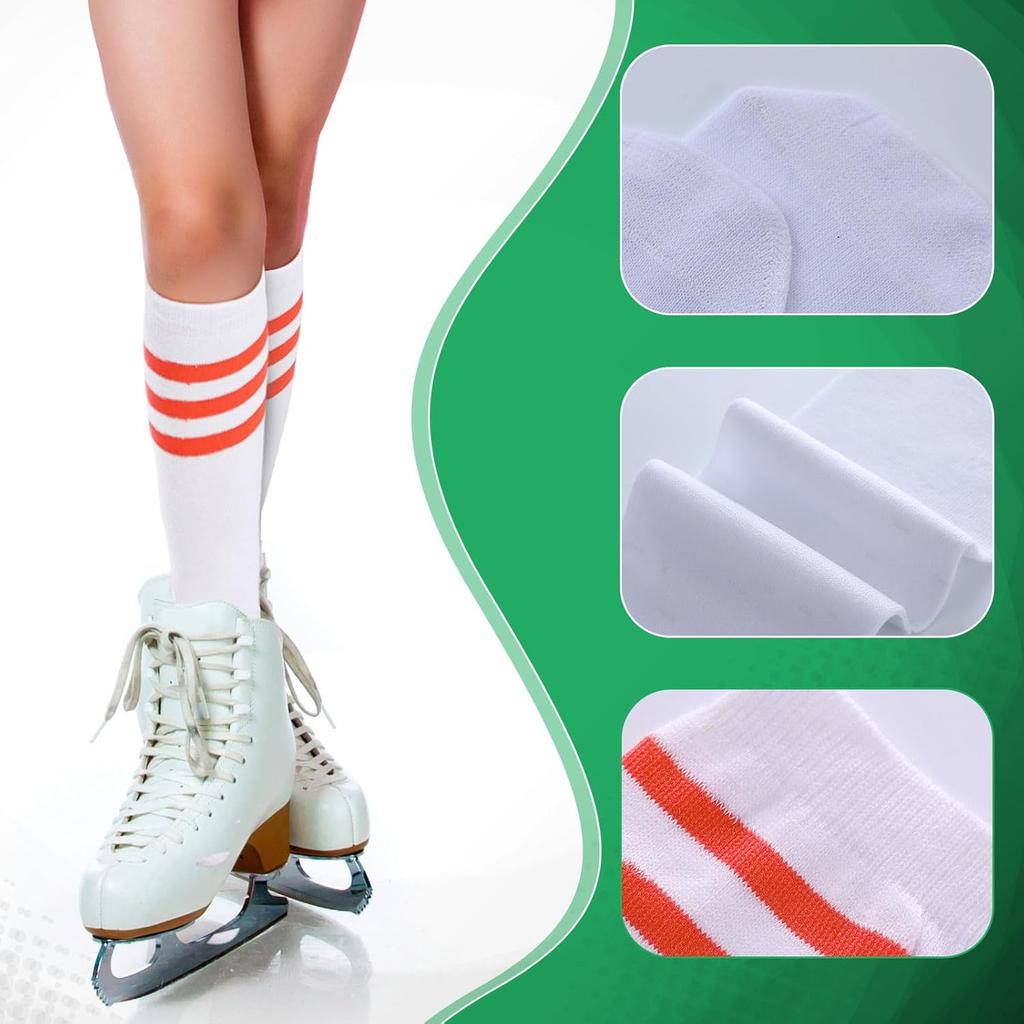 Shihanee 6 Pairs White Knee High Socks Striped Tube Socks Roller Skate Skating Soccer Athletic Sports Long Stockings Leg Warmer Gifts for 7-12 Year