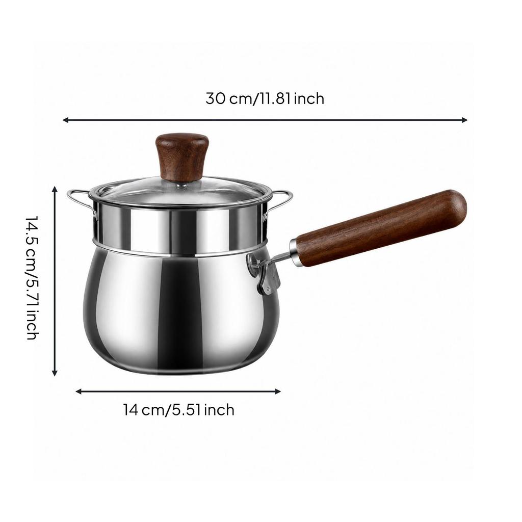 Stainless Steel Milk Saucepan Even Heating Pan with Wooden Handle Uncoated