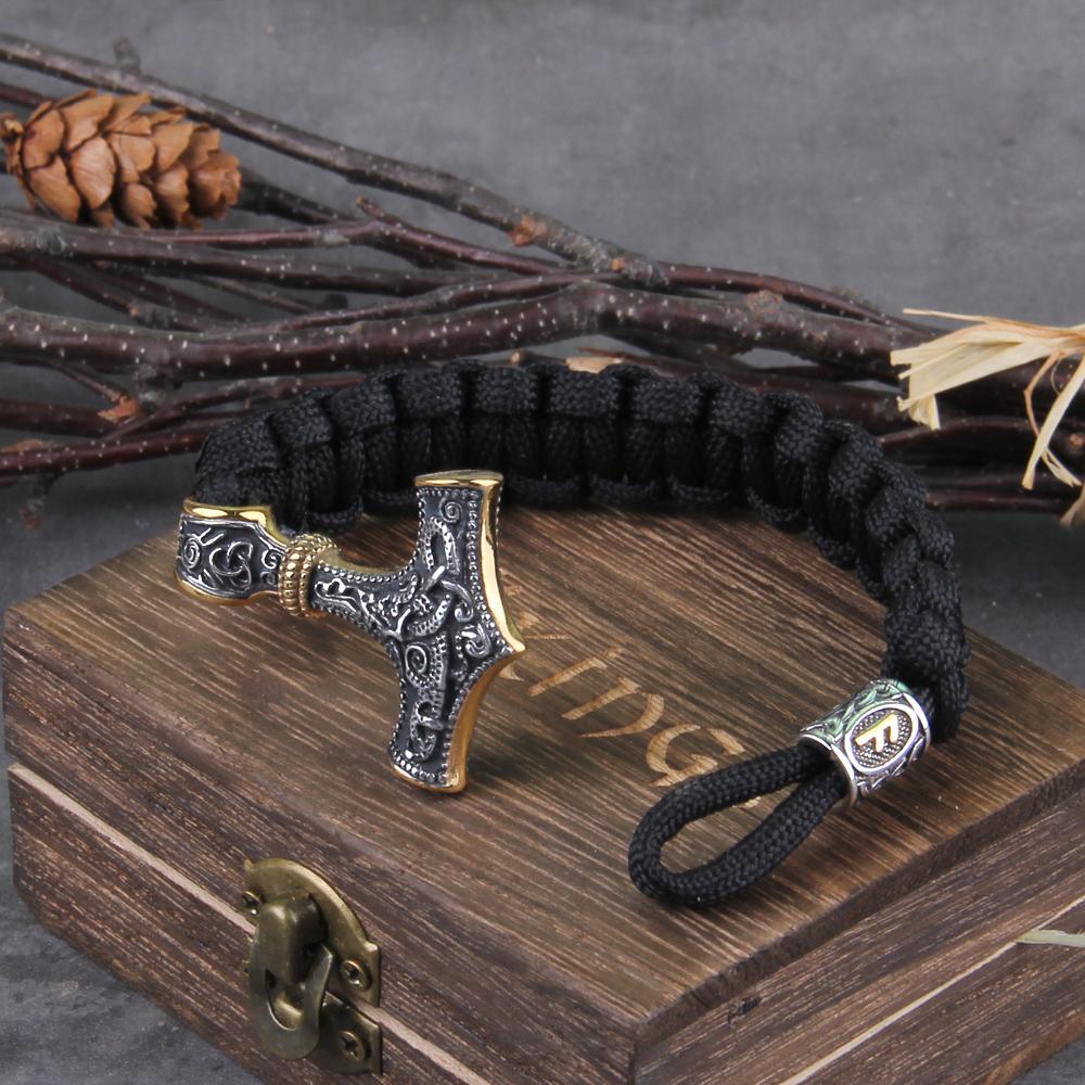 Stainless Steel Viking Mjolnir Leather Bracelet Thor Hammer Wristband Norse Mythology Runes Jewelry Gift With Wooden Box
