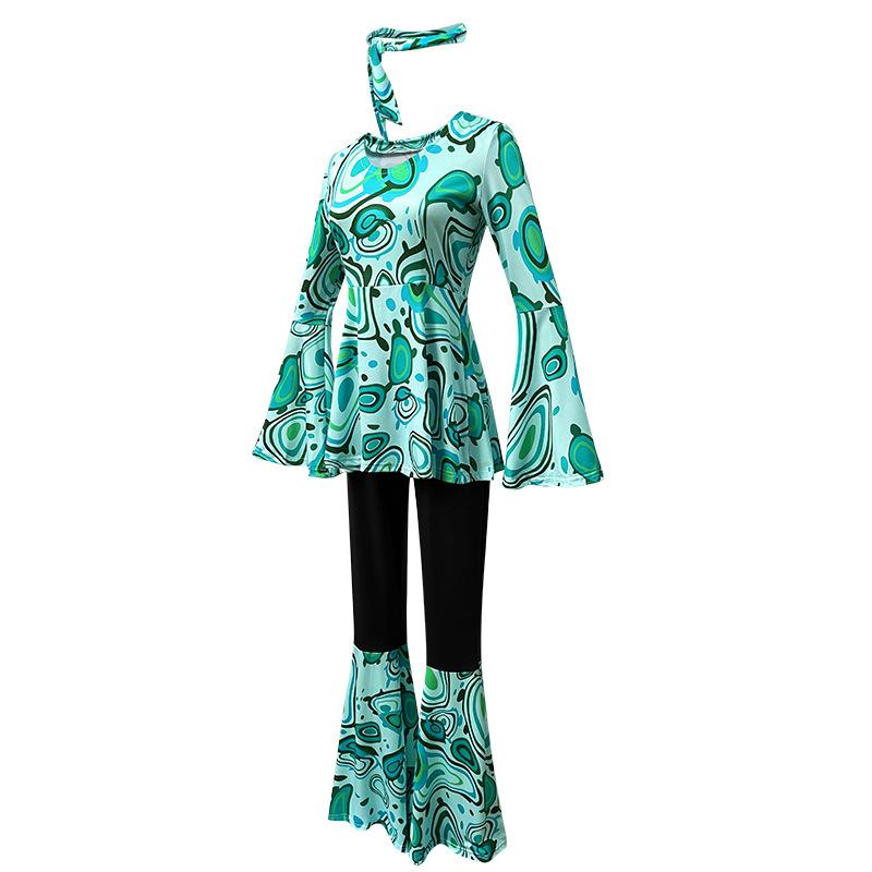 New Multi-color Printed Top, Pants Splicing Set, Including Headscarf, Disco Dance Suit Women