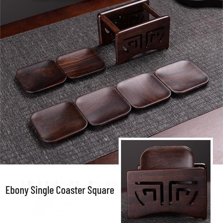 Ebony Wood Carved Non-Slip Tea Coaster Set - Retro Anti-Scald Pad for Tea Ceremony