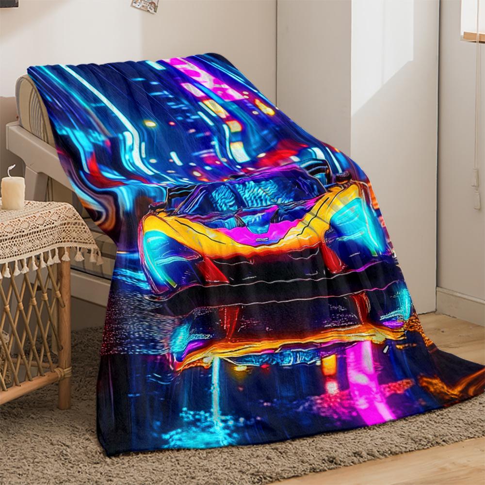 Neon city street racing car futuristic urban flannel blanket cyberpunk style soft throw blanket for car lovers and modern decor