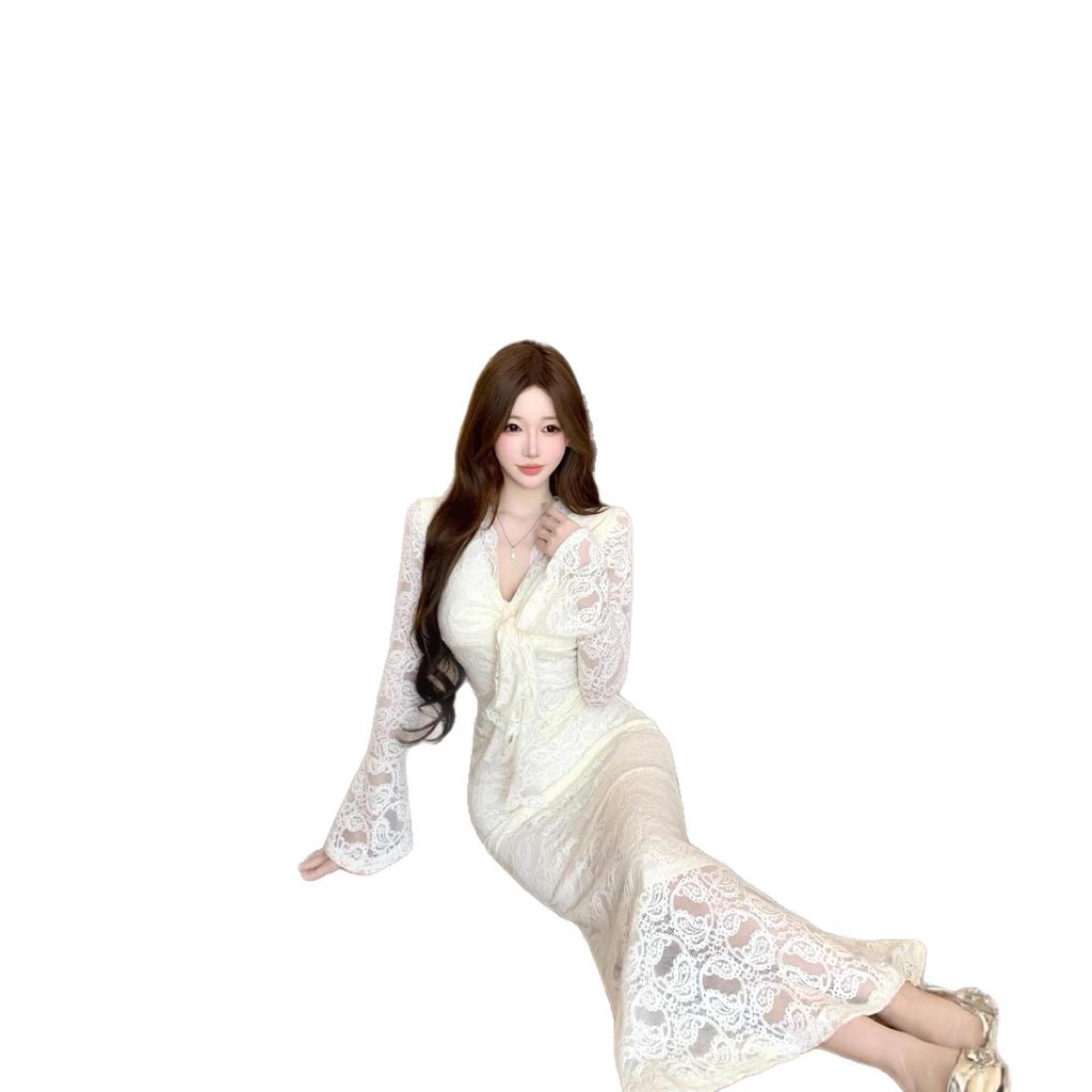 Mature & Stylish V-Neck Lace Dress with Flowing Ribbon, Waist-Cinching Fishtail Skirt – Perfect for Spring & Autumn