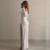 Off-Shoulder Women Sexy High Slit Evening Party Slim Dresses Elegant Fashion Gown Hot Girl Solid White Long Sleeve Bodycon Maxi Dress Female Clothes