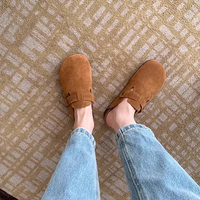Fashion Summer Retro Birken Style Brown Faux Suede Flat Slippers Fashion Round Toe Platform Mules Outdoor Woman Soft Sole Cork Slides