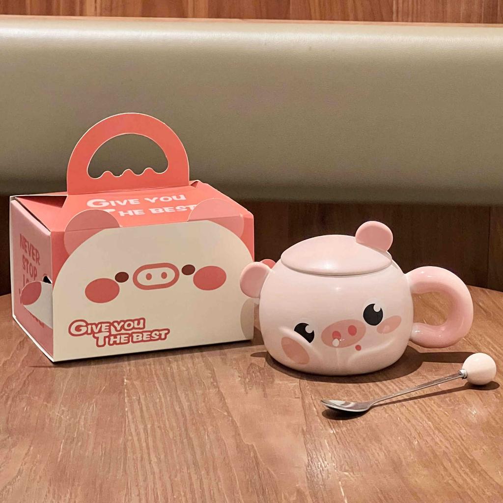 Cute Cartoon Piggy Ceramic Cup Girl Heart Mug with Lid Spoon Office Coffee Mug Birthday Gift