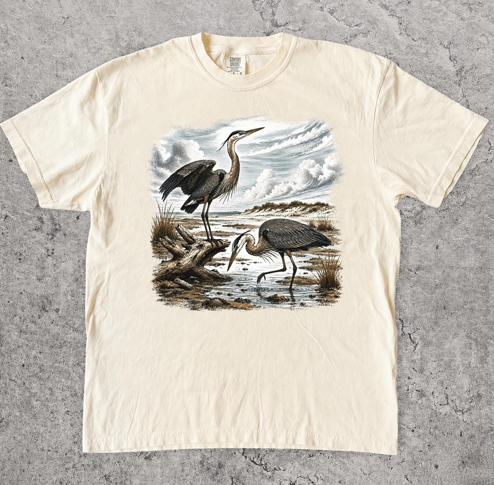 Great Blue Heron Wildlife Graphic T-Shirt, Retro Wetland Wildlife Tee, Naturalist Bird Illustration Shirt, Birder Gift, Wildlife Graphic Tee S