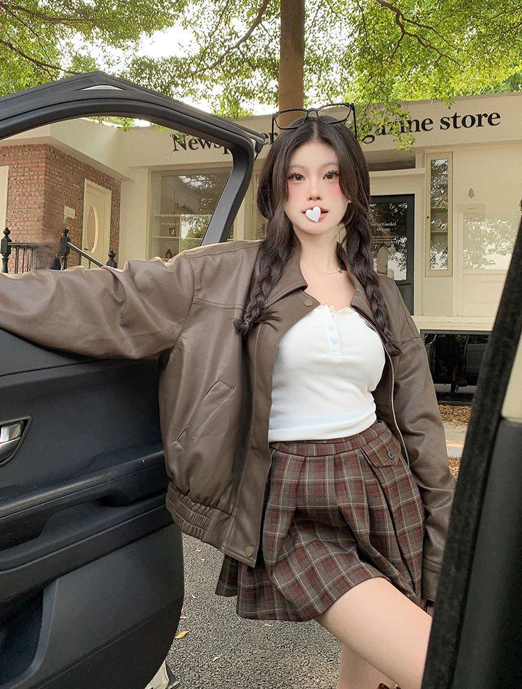 Women's High-End Retro PU Leather Coffee Jacket - Slimming, Windproof, Long Sleeve, Motorcycle Style.