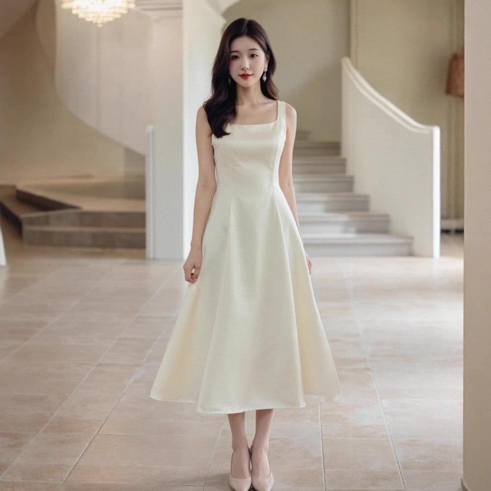 French high-end temperament satin champagne suspender skirt women summer birthday party wedding certificate dress dress women