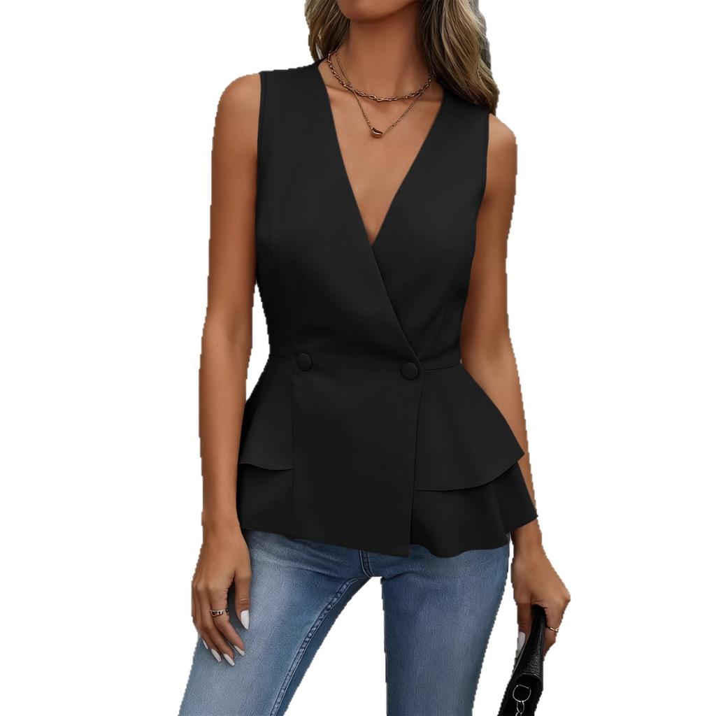 Women Army Green Double Breasted V Neck Sleeveless Peplum Waistcoat
