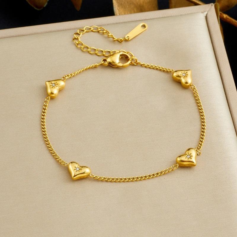 

Gold Plated Stainless Steel Puffy Heart Charm Bracelet with Starburst CZ for Women золотой