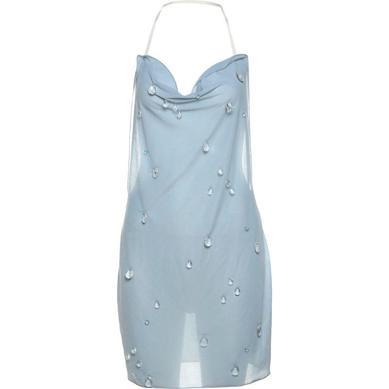 

# Sisjuly# French Style Temperament Socialite Fancy Tulle Lace Crystal Pendant See-through Sling Dress Women Blue S