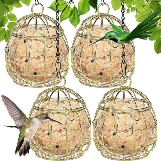 Bird Hanging Feeder with Chain Large Capacity Bite Resistant Iron Wire Cage Type Feeding Dish Black/Golden Color Outdoor Garden Bird Feeding
