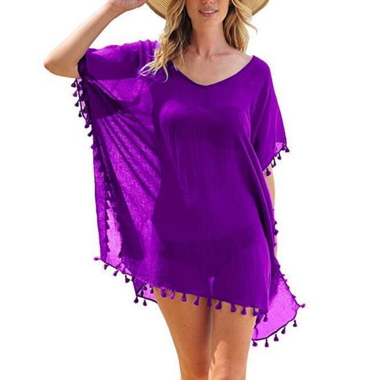 Summer Fashion Solid Color Tassel Chiffon Women Swimwear Bikini Cover Up Dress