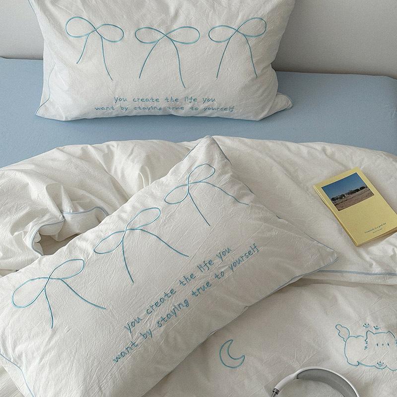 Girl Heart Simple Four-piece Set Soft Washed Cotton Cute Embroidery Heavy Industry Bed Sheet Quilt Cover Dormitory Three-piece Set