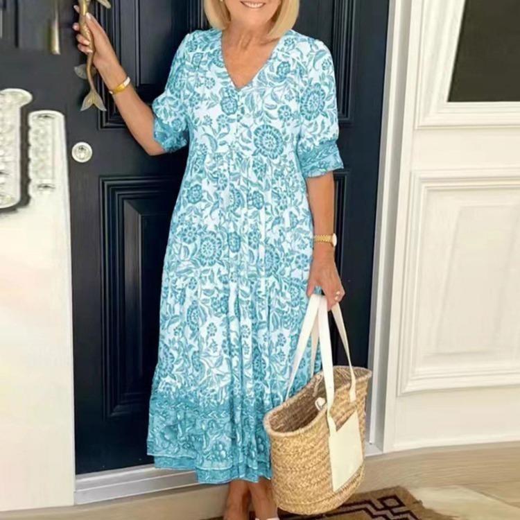 Floral Print Bohemian Maxi Dress Sexy V Neck Beach Party Short Sleeve Flowy Women