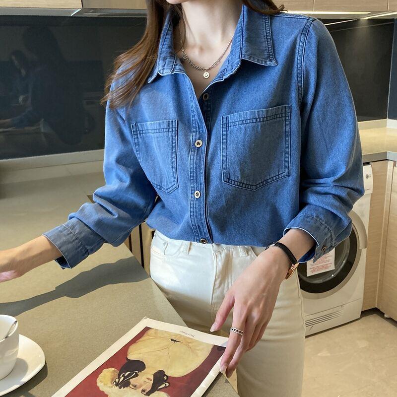 Retro Navy Denim Shirt For Women With Long Sleeves And Pockets For Casual Office Wear