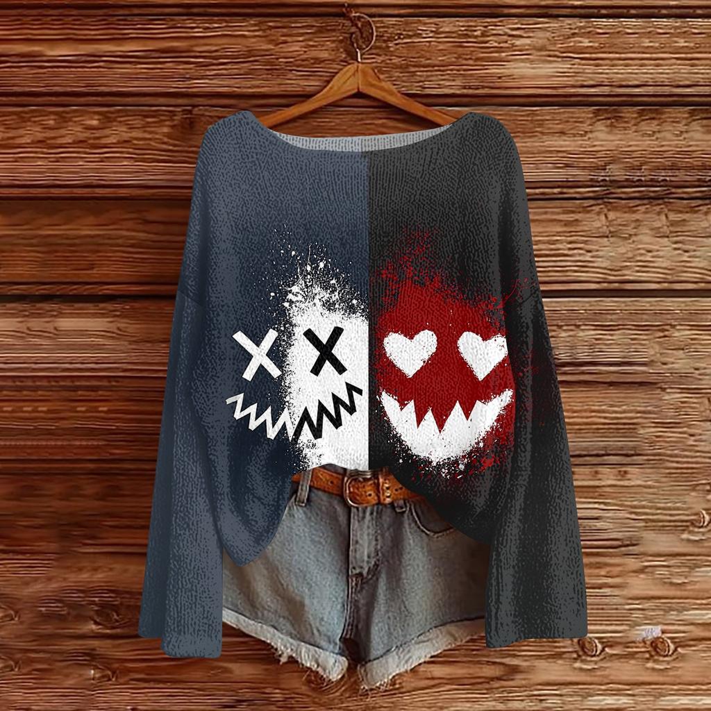 Women's Long Sleeve Halloween Print Crewneck Knit Pullover Sweater for Casual Daily Wear