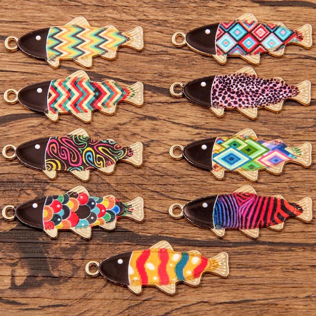 9-Color Small Fish Pendant, 14x35mm Alloy Charm, KC Gold Enamel Sea Animal Accessory